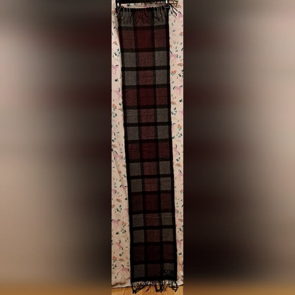 Vintage Maroon & Grey Plaid Merino Wool Casual Unisex Scarf Wrap w/ Fringe - Picture 6 of 7